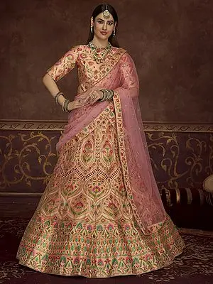 Peach Mughal Pattern Print with Diamond Work Lehenga Choli and Net Dupatta