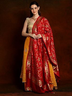 Royal Banarasi Brocade Silk Dupatta with Striped Palla and Tassels