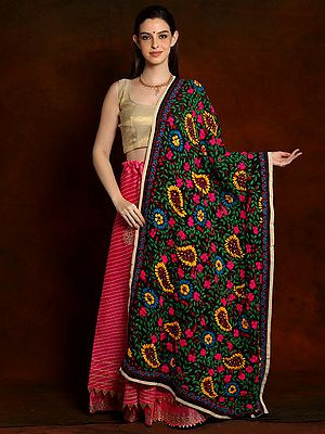Caviar Black Georgette Phulkari Dupatta with Multicolored Woolen Embroidery and Sequins