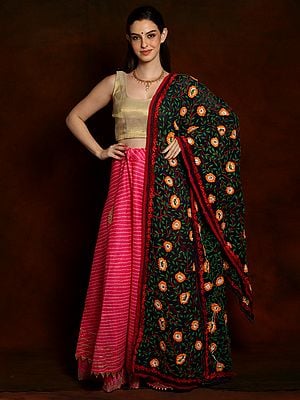Caviar Black Georgette Phulkari Dupatta with Multicolored Floral Vines Woolen Embroidery and Red Border