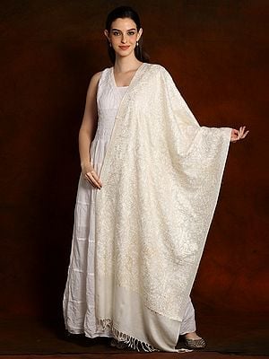 Pearl White Monochromatic Fine Woolen Shawl with all over Threadwork