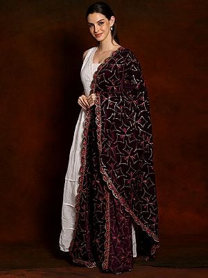 Velvet Dupatta with Zari and Sequinned Diamond Pattern and multicolored miniatures from Amritsar