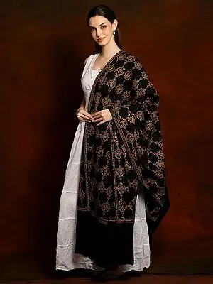 Caviar Black Ruffle Shawl with Fine Multicolored Butta Threadwork