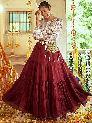 Racing-Red Art Silk Ruffle Navratri Lehenga With White Printed Gajji Silk Choli