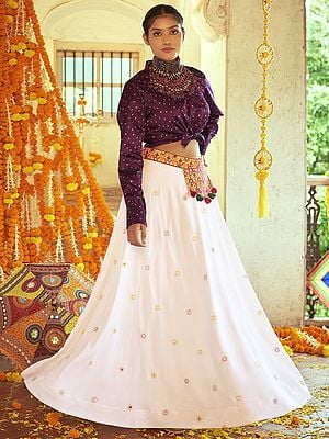 Brilliant-White Embroidered Cotton Lehenga with Purple Gajji Silk Printed Choli