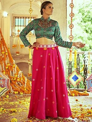 Pink-Peacock Art Silk Embroidered Lehenga With Bandhani Printed Gajji Silk Green Choli