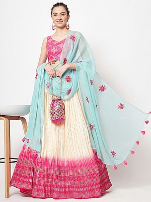 Beige Chinon Silk Laddi Pattern Lehenga with Print-Sequins Work Pink Choli and Fancy Net Latkan Dupatta