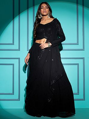 Georgette Pletting Pattern Lehenga With Sequins-Thread Embroidered Choli And Fancy Neck Dupatta
