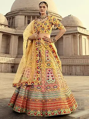 Yellow-Cream Art Silk Print-Swarovski Work Lehenga Choli with Net Dupatta