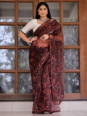 Organza All-Over Floral Digital Print With Lace Work Maroon Saree With Off White Bangalori Silk Blouse