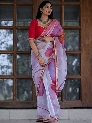 Lucent-Whtie Organza Digital With Lace Work Saree And Pink Bangalori Silk Blouse