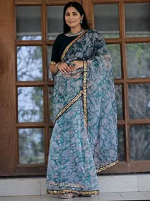 White-Blue Digital Printed Organza Lace Work Border Saree With Green Bangalori Silk Blouse