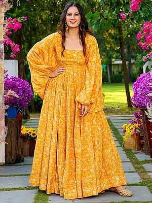 Yellow Digital Printed Georgette Anarkali Gown