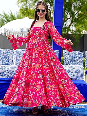 Bright-Pink Digital Ethnic Printed Georgette Flared Anarkali Gown
