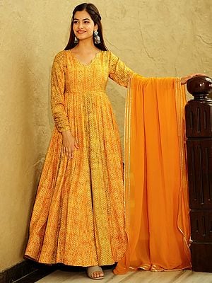 Vivid-Yellow Digital Bandhani Printed Georgette Anarkali Gown with Dupatta