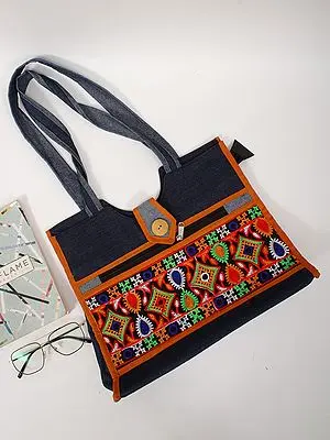 Denim Bohemian Denim Tote Bag with Handmade Patchwork and Flap