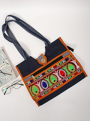 Denim Bohemian Denim Tote Bag with Handmade Patchwork and Flap