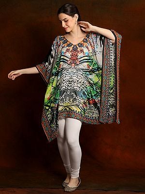 Mediterranian Print Multicolored Chiffon Short Kaftan with Sequins on Neck
