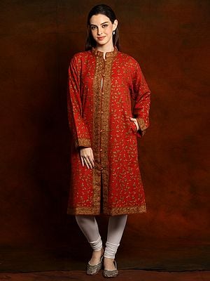 Woolen Tomato Red Aari Embroidered Long Jacket from Kashmir