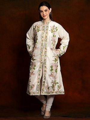 Pure Silk Pearl White Aari Embroidered Long Jacket from Kashmir
