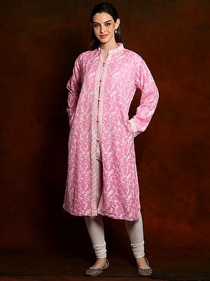 Pure Wool Baby Pink Aari Embroidered Long Jacket from Kashmir