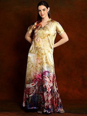 Multicolored Floral Print Satin Long Dress with Mandarin Collar