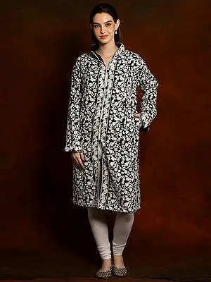 Pure Wool Caviar Black Aari Embroidered Long Jacket from Kashmir
