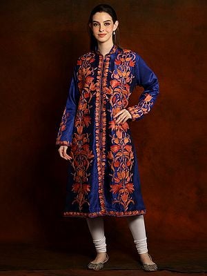 Silk Royal Blue Aari Embroidered Long Jacket from Kashmir