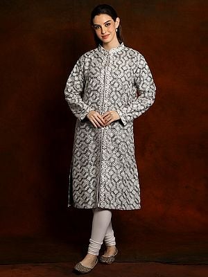 Woolen Charcoal Black with White Detailed Aari Embroidered Long Jacket from Kashmir