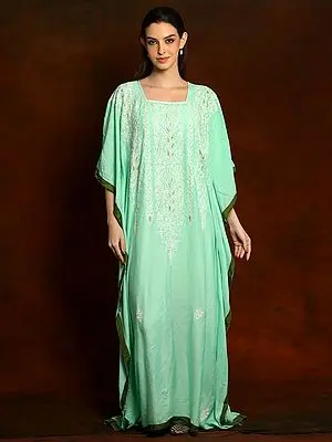 Bright Mint Long Rayon Kaftan with Aari Embroidery
