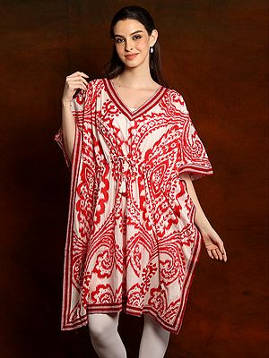 Pure Cotton Ivory White Red Print Short Kaftan with Triangle Striped Neck