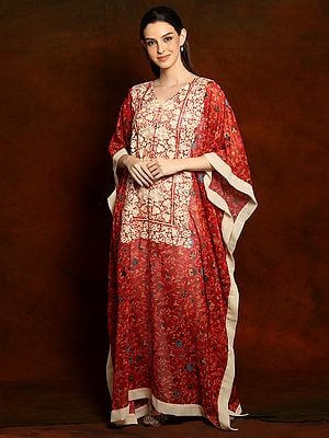 Georgette Printed Cherry Red Long Kaftan with Aari Embroidery on Neck