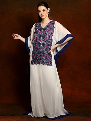 Georgette Ivory White Long Kaftan with Aari Embroidery on Neck