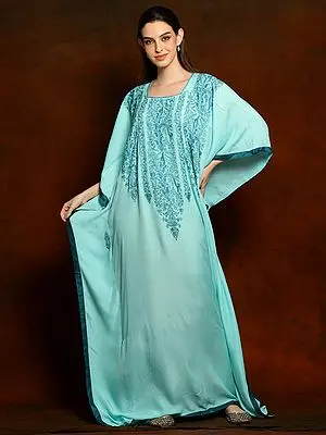 Rayon Pastel Blue Long Kaftan with Aari Embroidery on Neck
