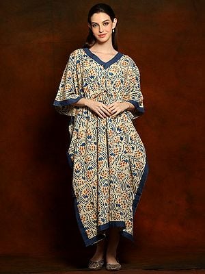 Pure Beige Printed Cotton Long Kaftan with Blue V-neck