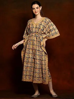 Yellow Ochre Printed Cotton Long Kaftan with Blue V-neck