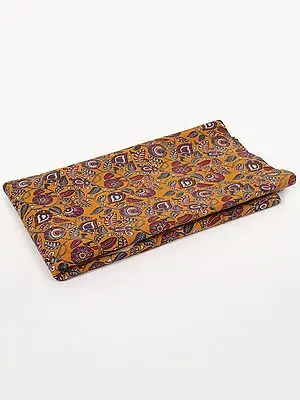 Golden-Yellow Pure Cotton Fabric with Floral Vine Motif Blocked Kalamkari Printed