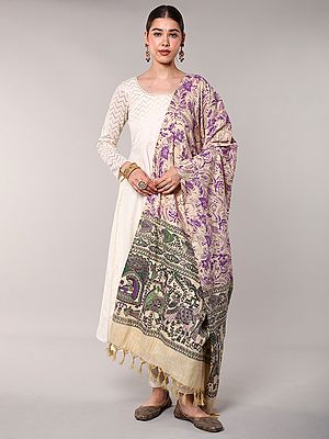 Khadi Beige Dupatta with Madhubani Art from Bihar