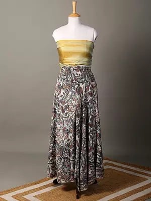 A-Line Printed White Skirt with Elastic Belt