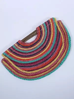 Multicolored Braided Jute Round Sling Bag with Wooden Handle