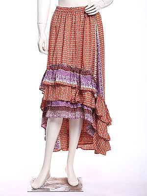 Printed Silk A-Line Skirt with High-Low Ruffled Hem