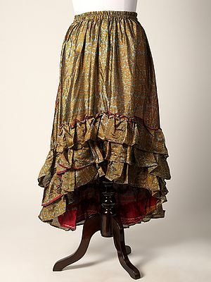 Printed Silk A-Line Skirt with High-Low Ruffled Hem