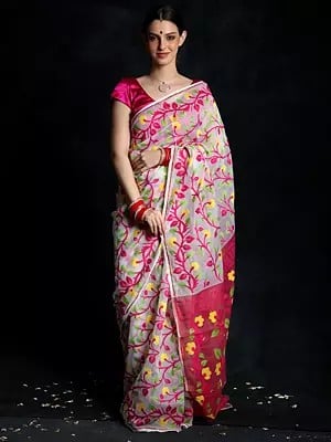 Oyster White Muslin Cotton Saree with Woven Multicolored Floral Vine and Magenta Palla