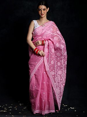 Lilac Pink Pure Cotton Saree with Chikankari Threadwork