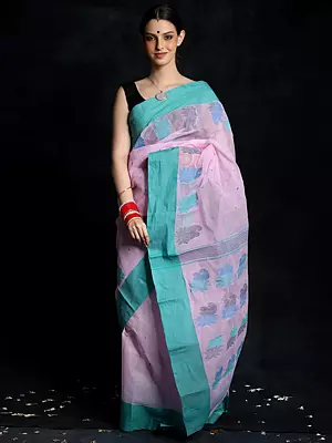 Baby Pink Pure Cotton Tangail Saree with Aqua Border