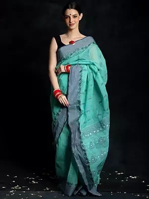Turquoise Pure Cotton Tangail Saree and Grey Border from Bengal