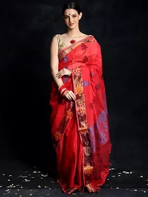 Cherry Red Pure Cotton Iqat Saree and Motifs from Bengal