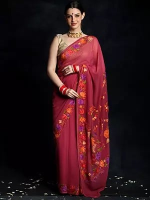 Mauve Pink Georgette Saree with Multicolored Aari Embroidery