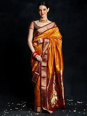 Saffron Orange Pure Silk Paithani Saree with Brocade Border and Zari Butta