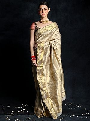 Grey Kanjivaram Pure Silk Saree with all-over Golden Zari Threadwork